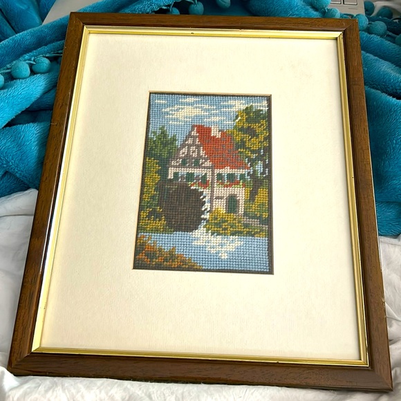 Vintage Spain Framed Matted Needlepoint Wall Art